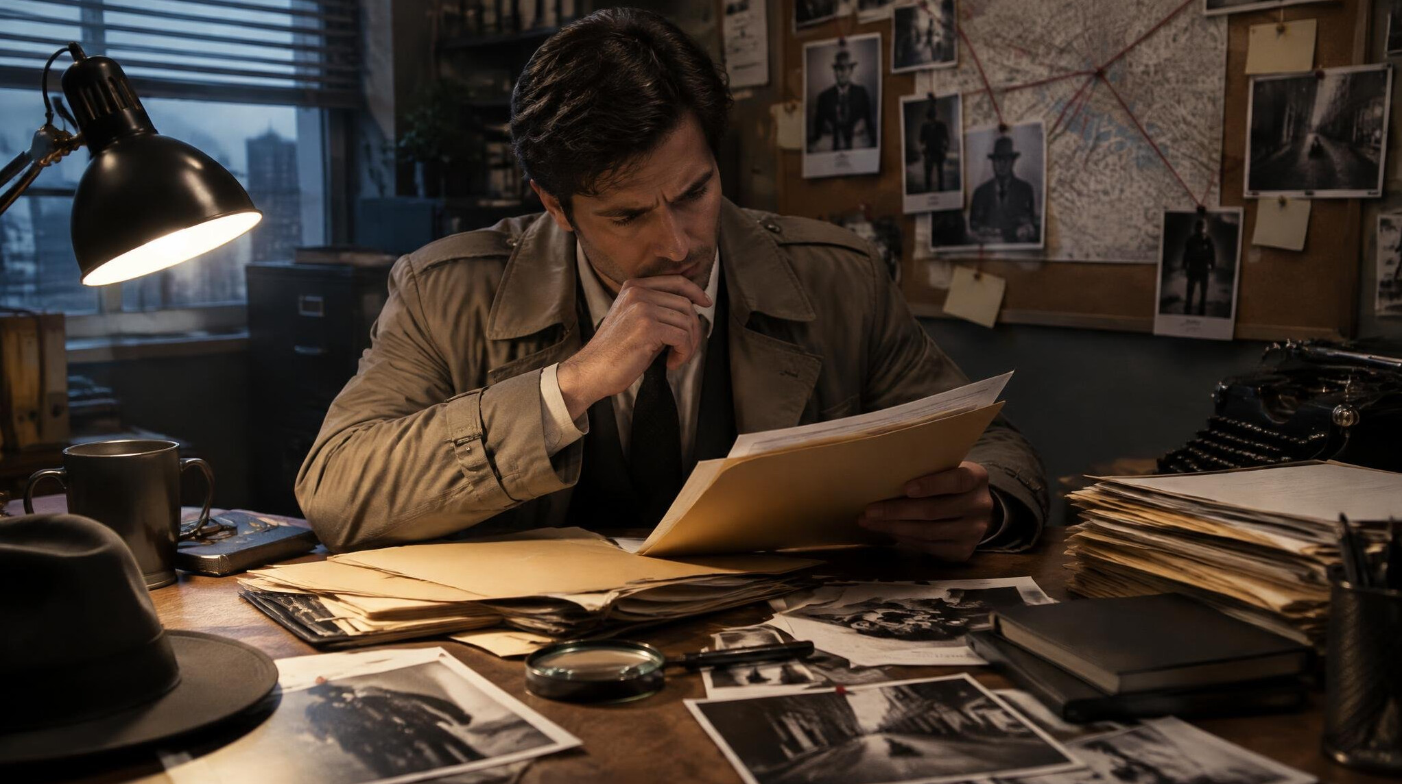 detective reading case files
